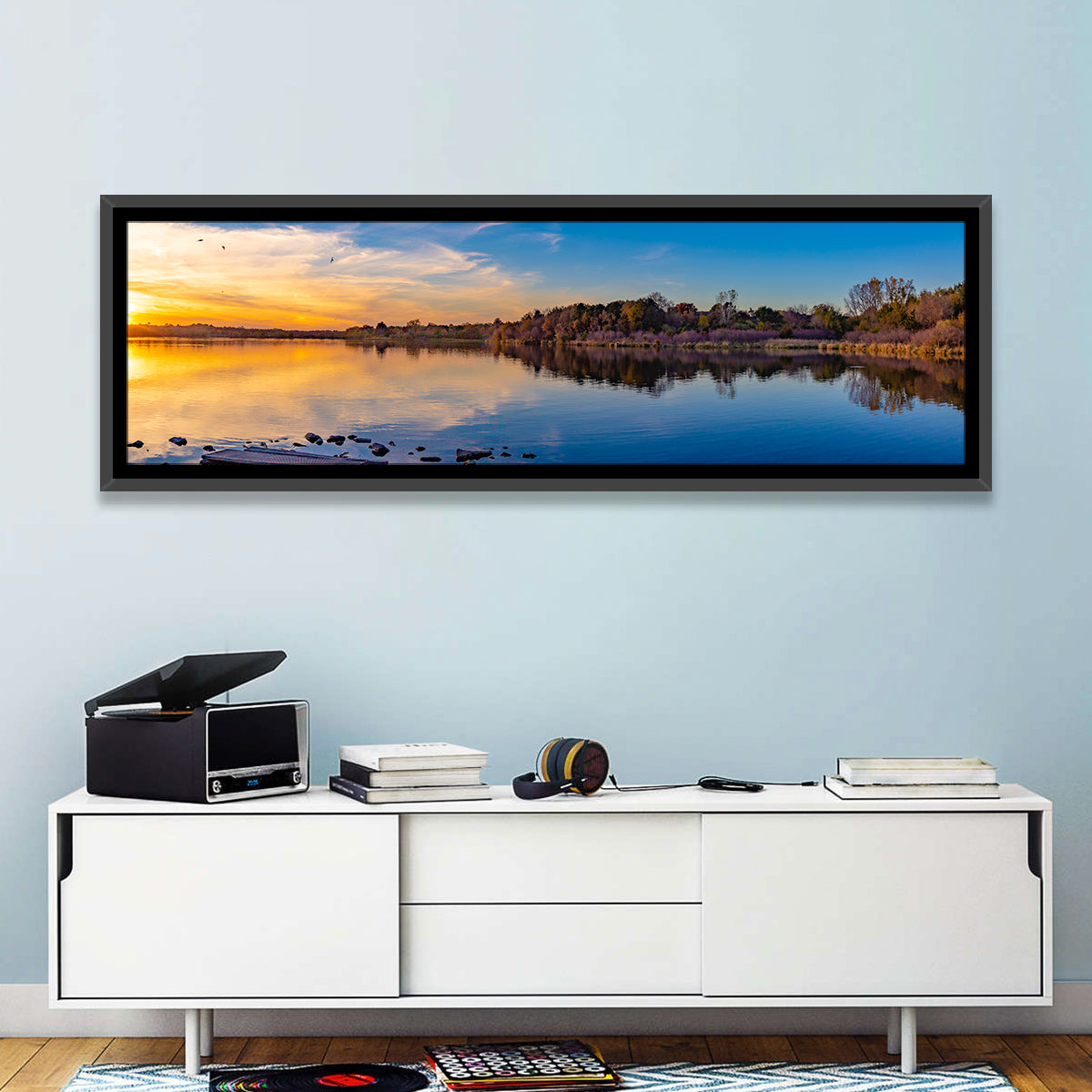 Zorinsky Lake Golden Hour Wall Art in a room, panoramic
