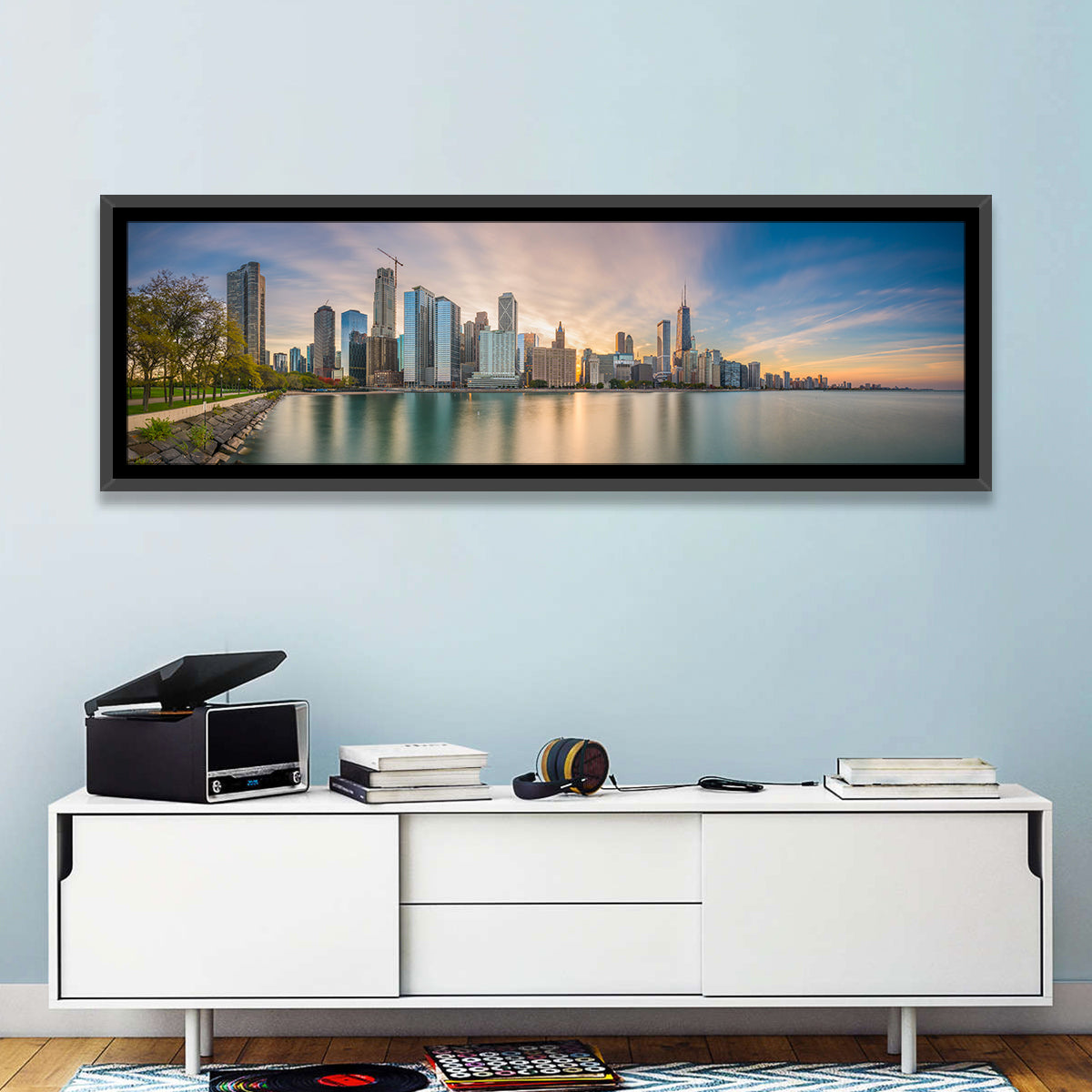 Chicago Skyline at Golden Hour Wall Art in a room, panoramic