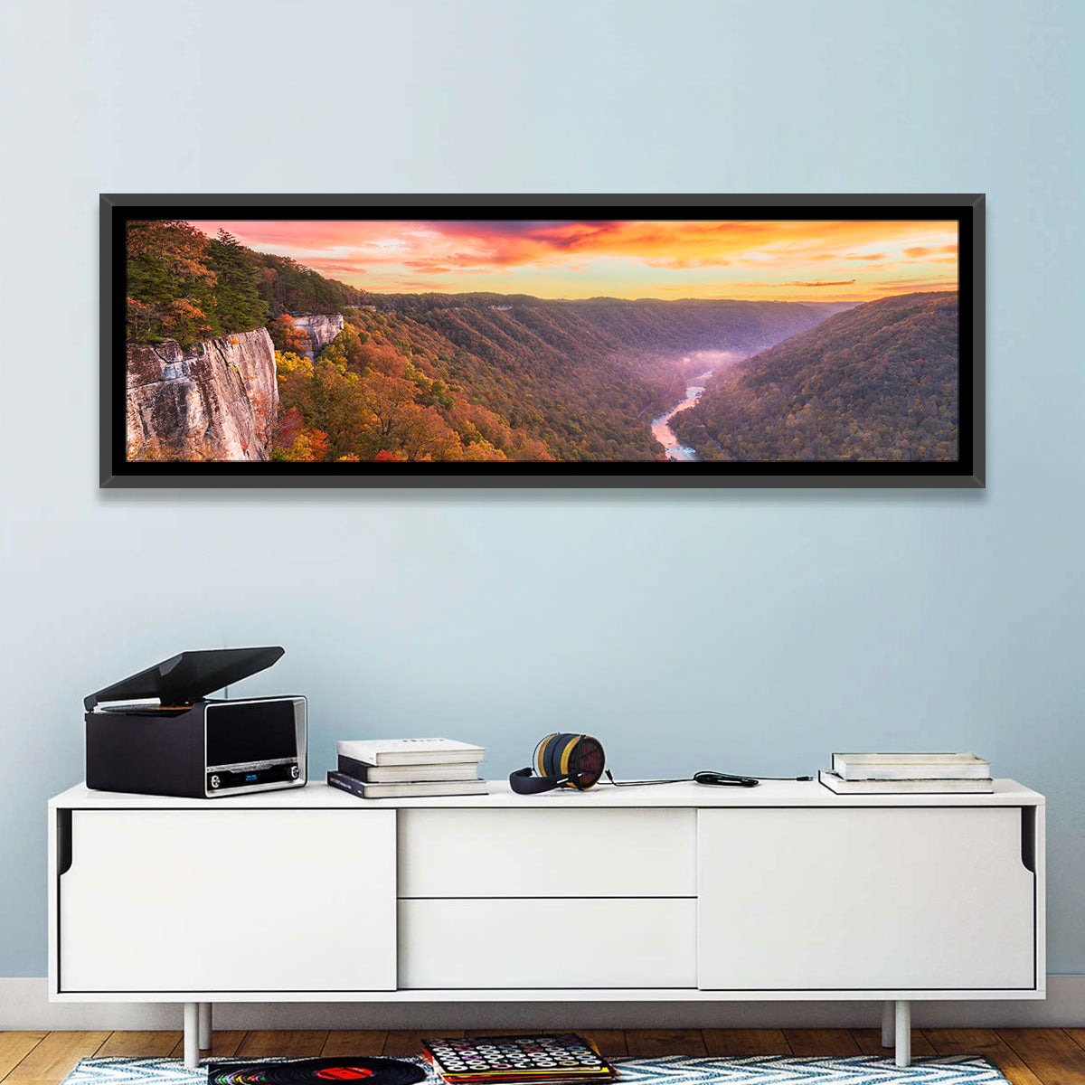 New River Gorge Sunset Wall Art in a room, panoramic