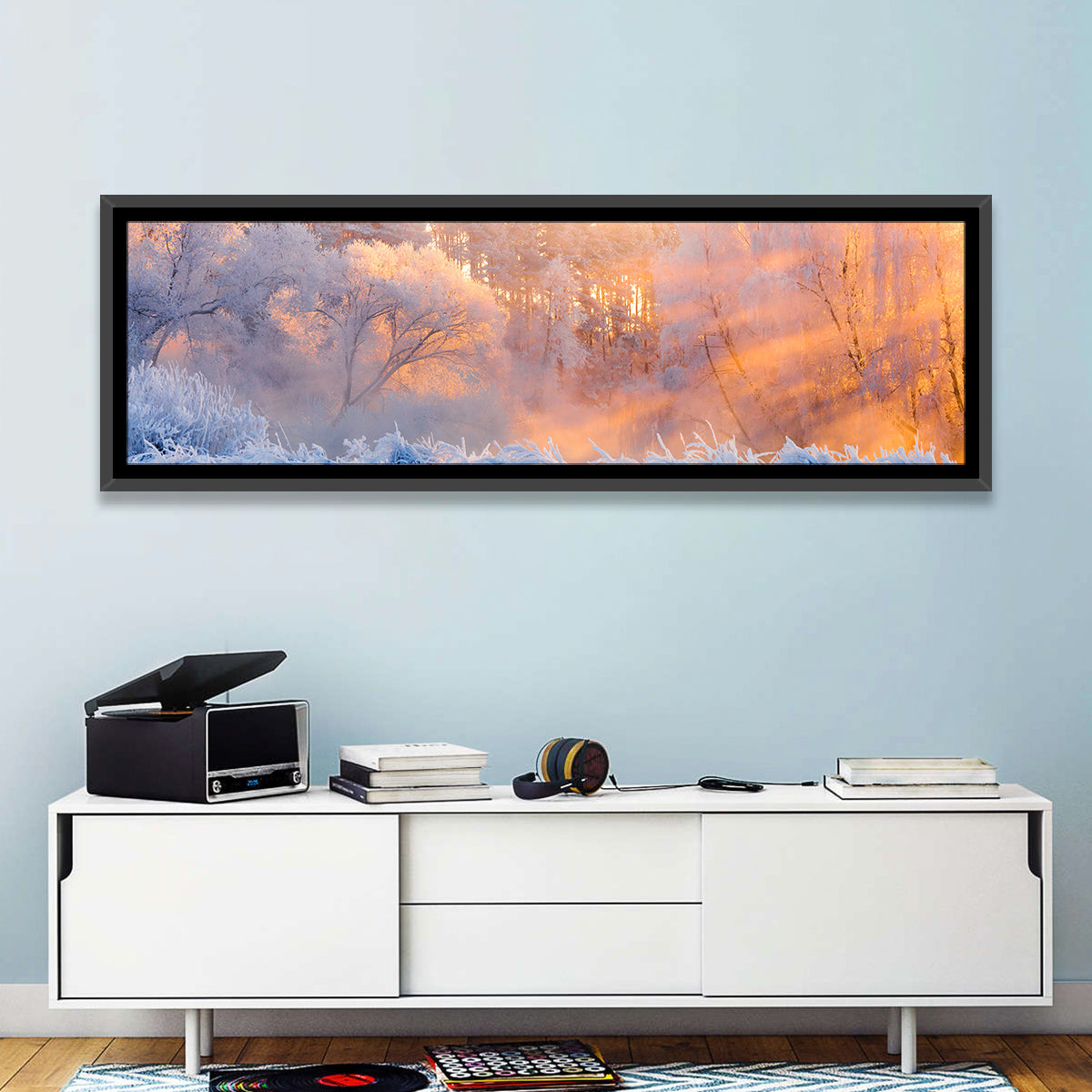 Sunlit Winter Forest Wall Art in a room, panoramic