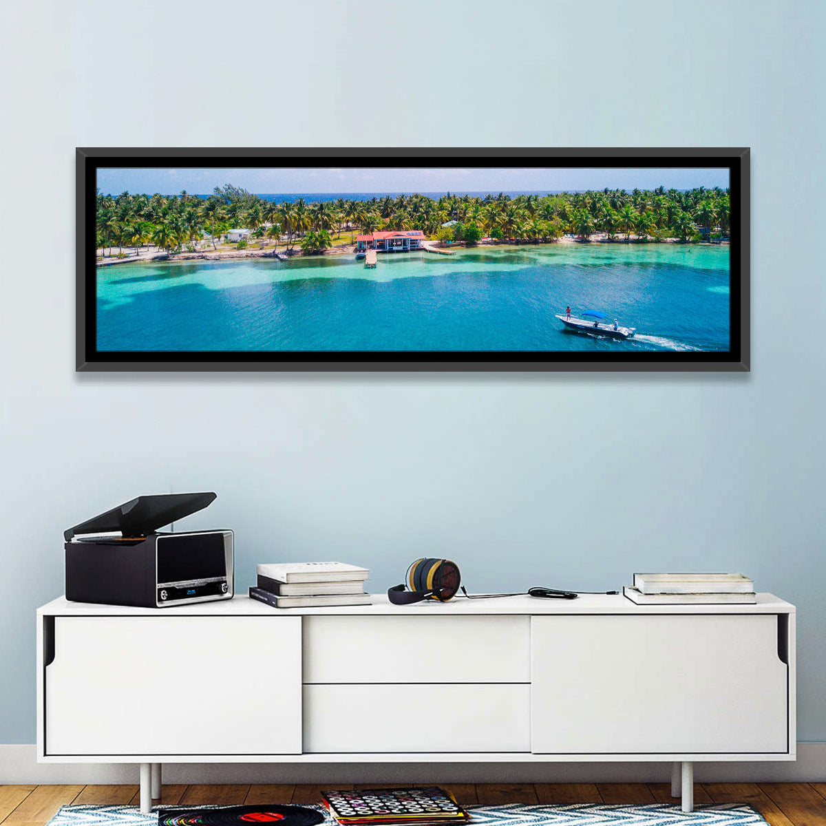 Belize Reef Island Pier Wall Art in a room, panoramic