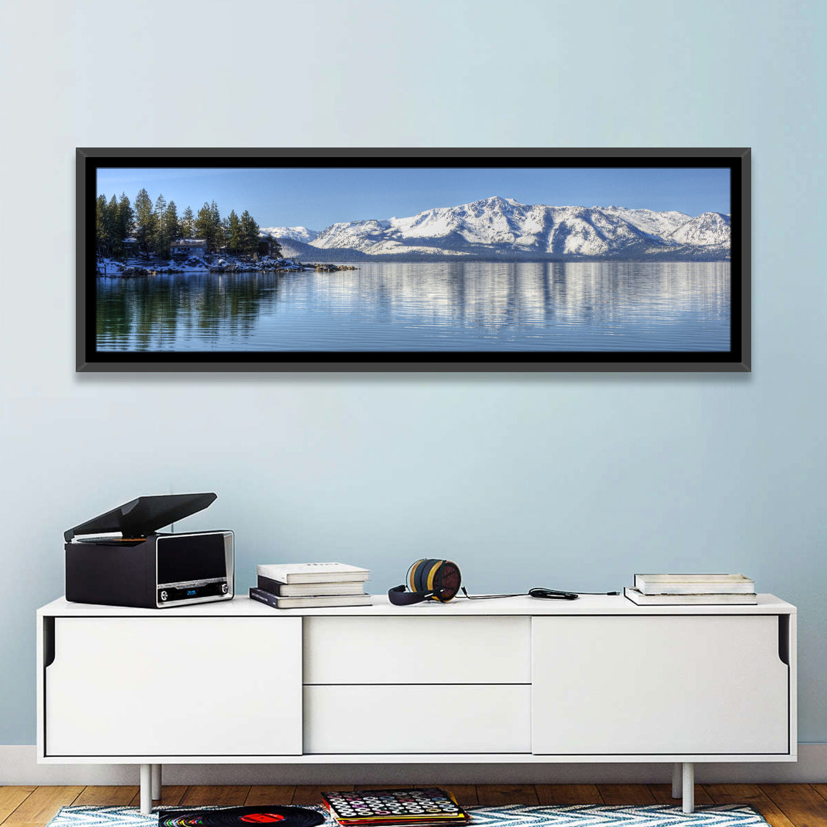 Elk Point Lake Tahoe Reflection Wall Art in a room, panoramic