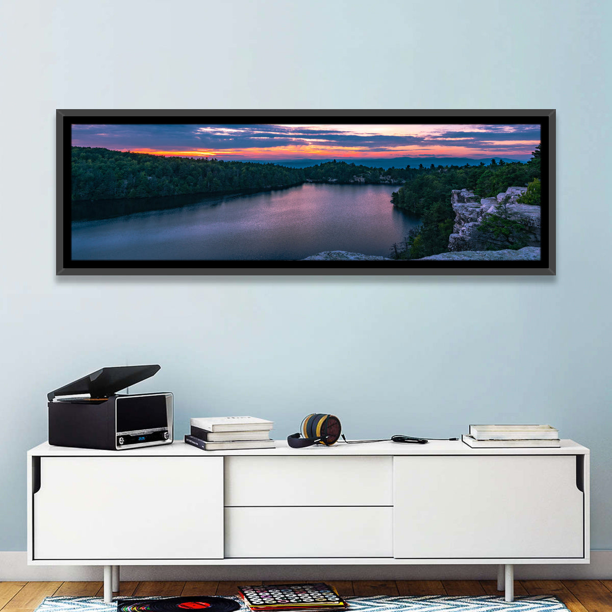 Lake Minnewaska Sunset Wall Art in a room, panoramic