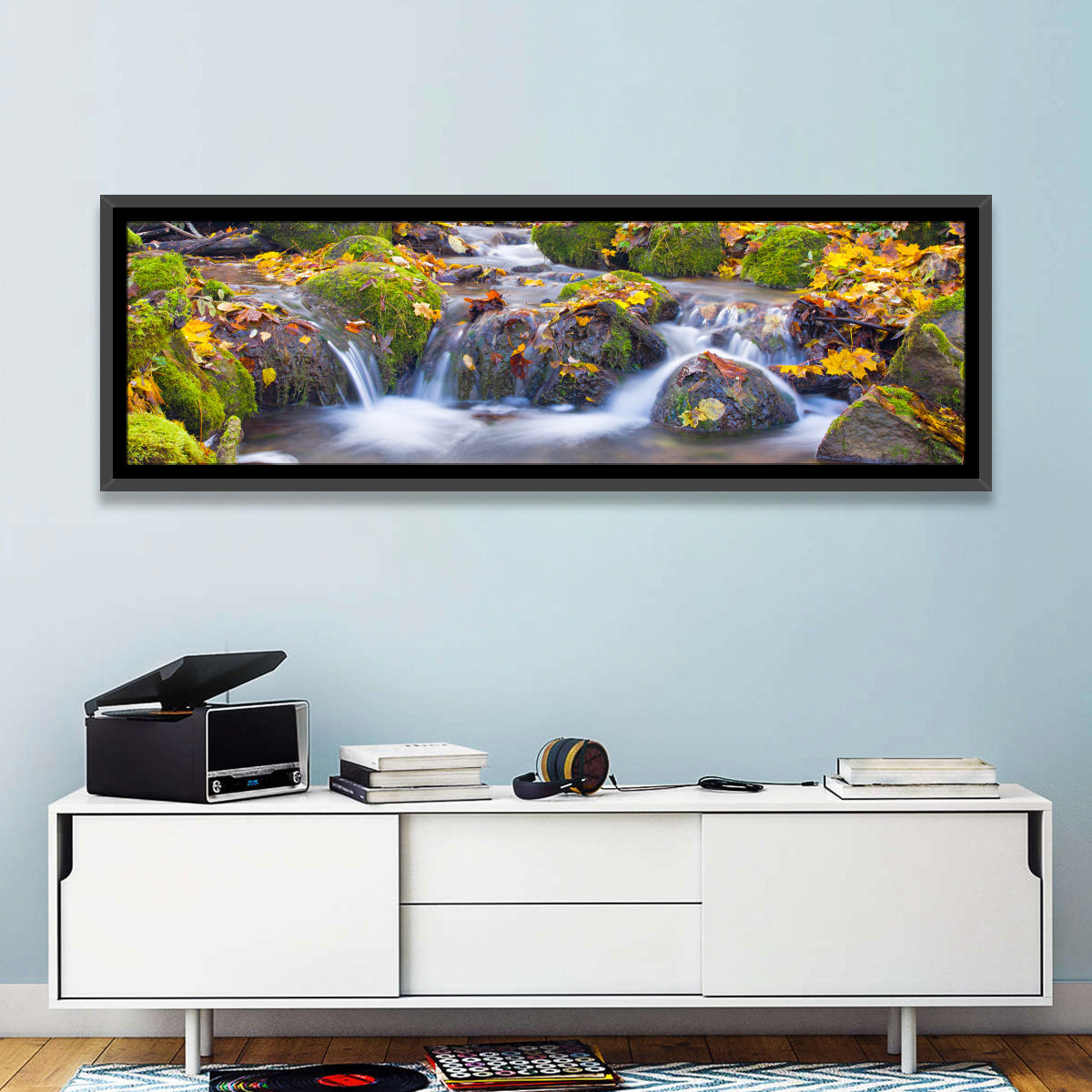 Mossy Autumn Stream Wall Art in a room, panoramic