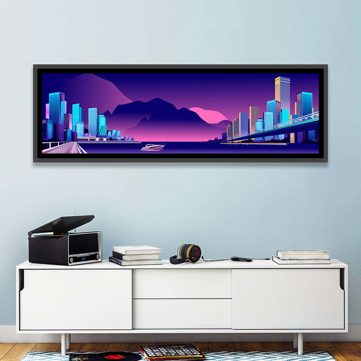 Purple Harbor Skyline Wall Art in a room, panoramic