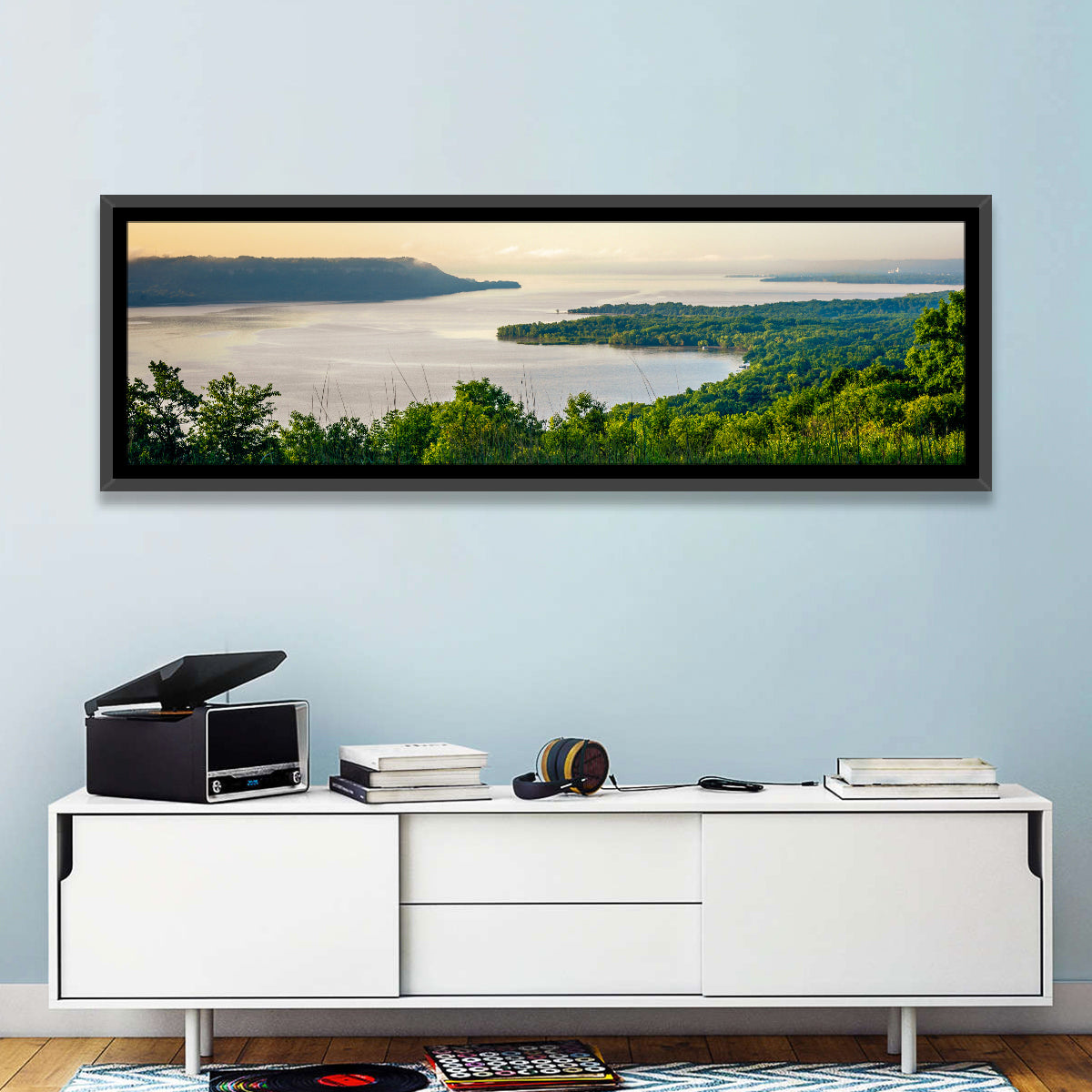 Mississippi River and Lake Pepin Wall Art in a room, panoramic