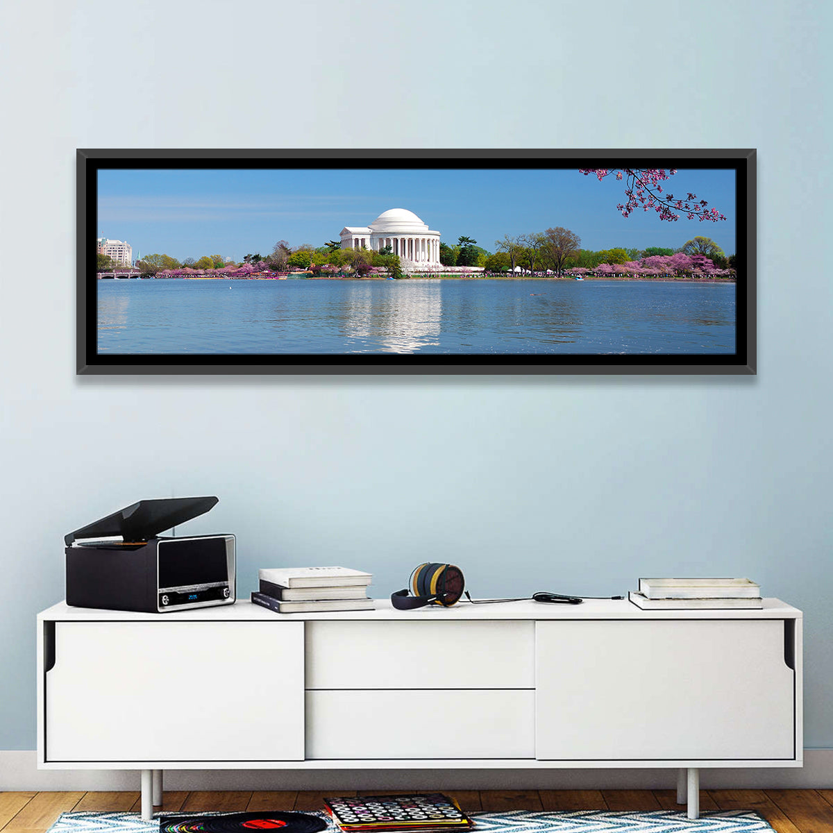 Thomas Jefferson Memorial with Cherry Blossoms Wall Art in a room, panoramic