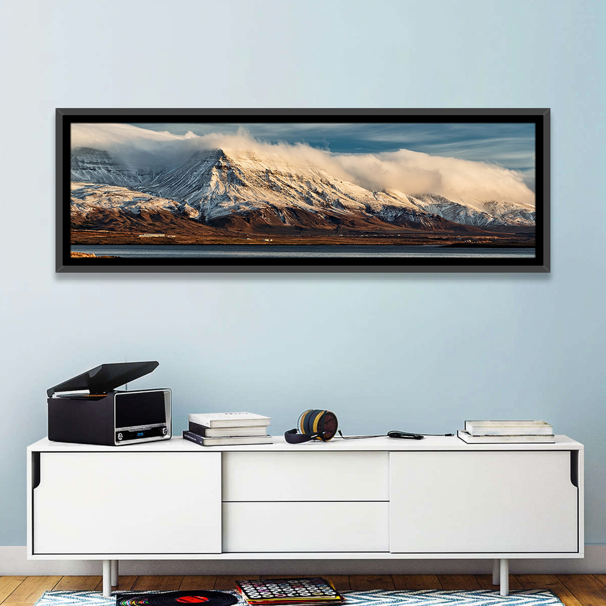 Reykjavik Golden Hour Mountains Wall Art in a room, panoramic
