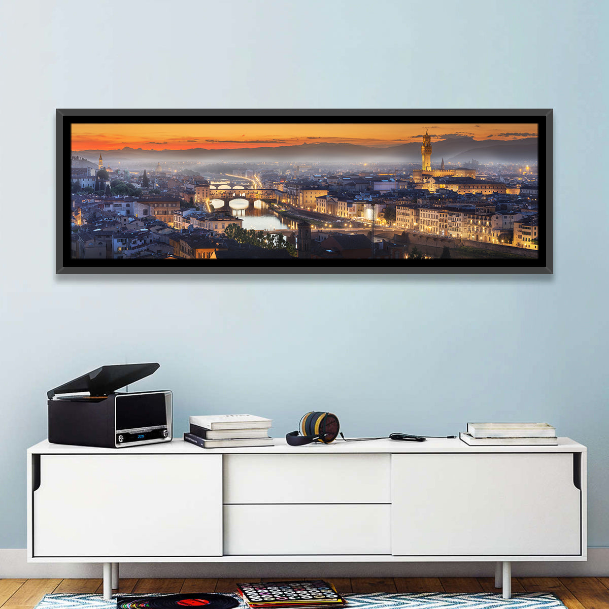 Florence Sunset Over the Arno Wall Art in a room, panoramic