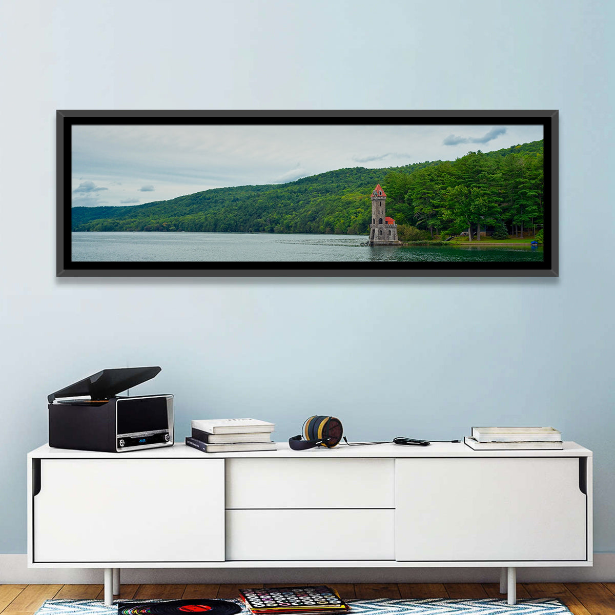 Otsego Lake View with Stone Tower Wall Art in a room, panoramic