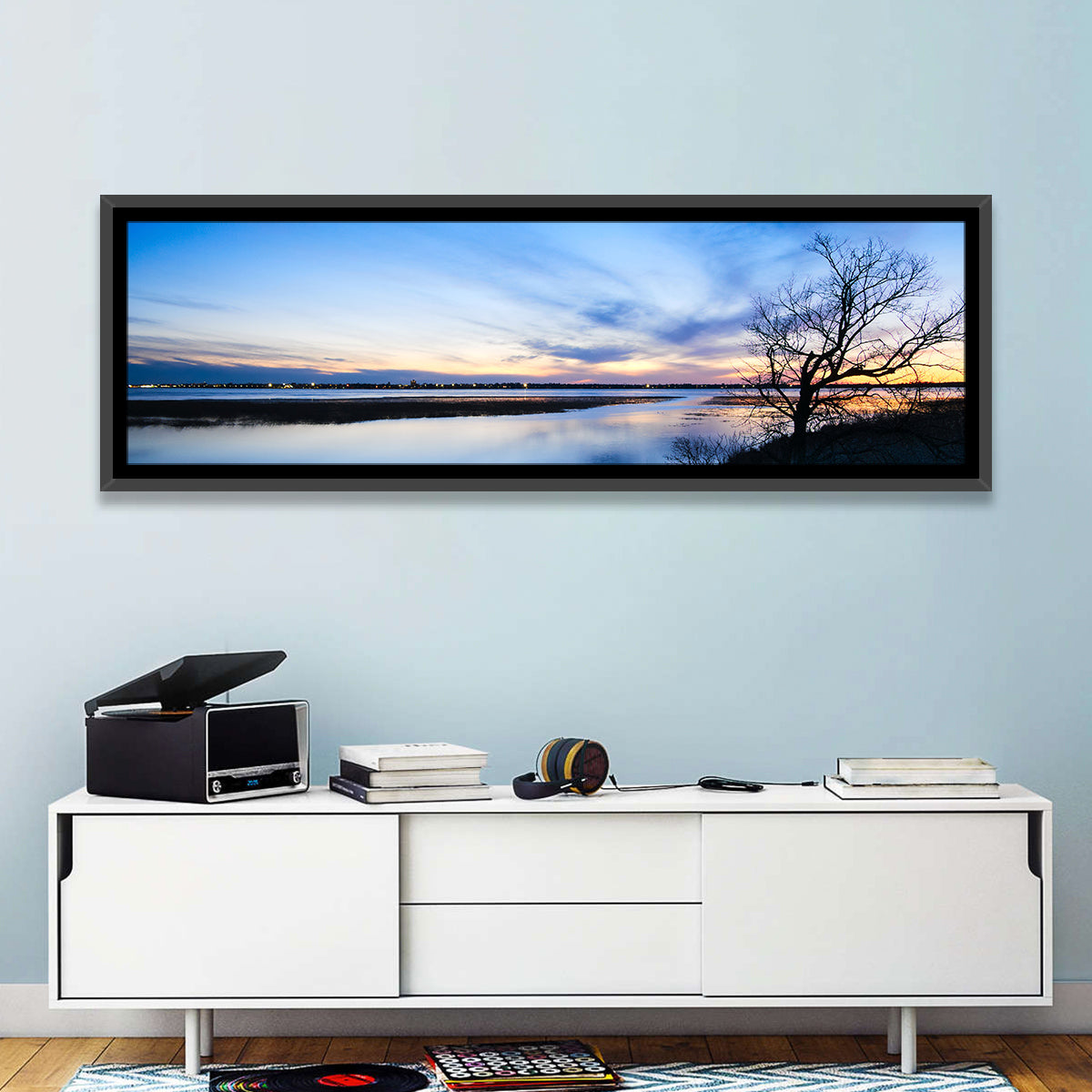 Lake Bemidji Twilight Wall Art in a room, panoramic