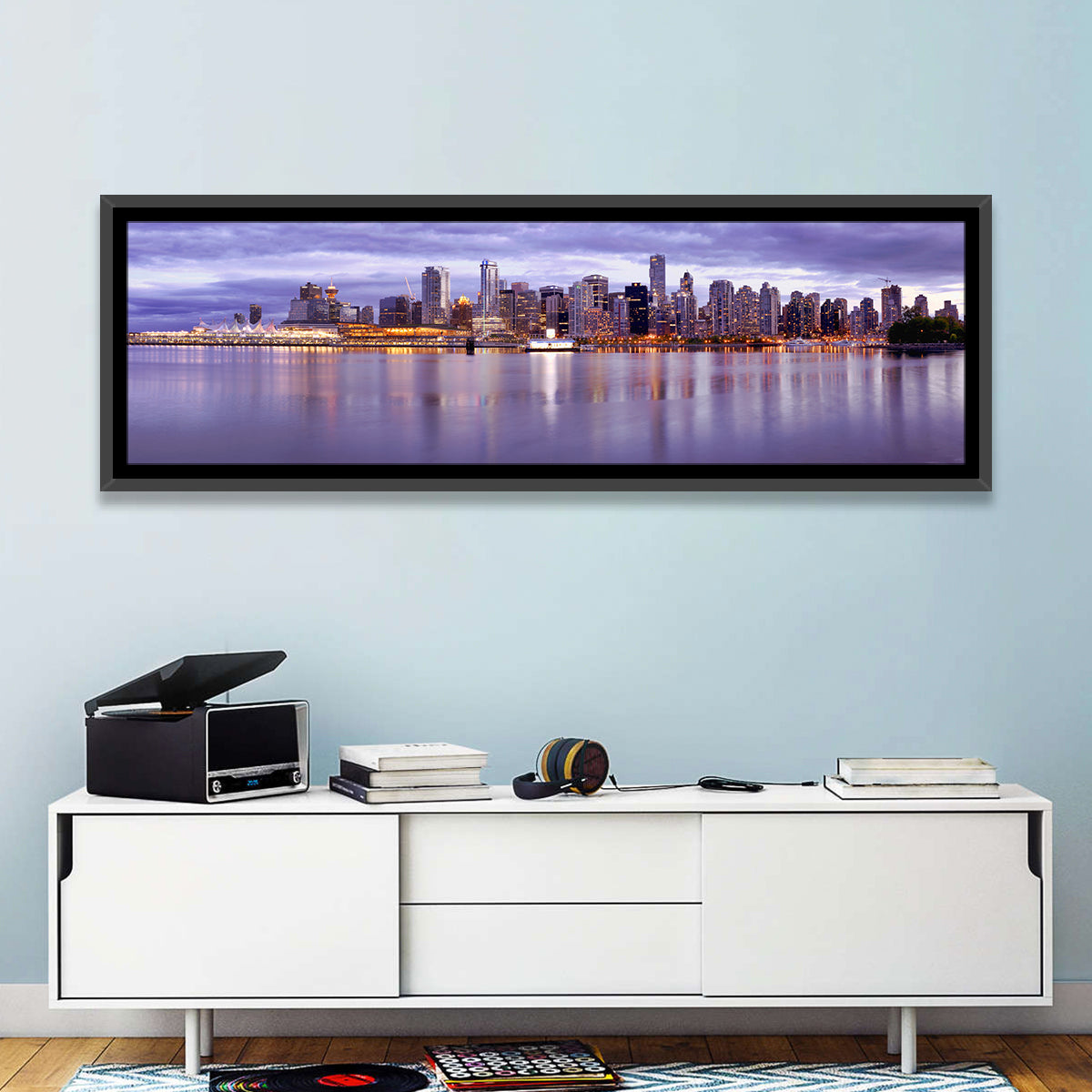 Vancouver Skyline at Twilight Wall Art in a room, panoramic
