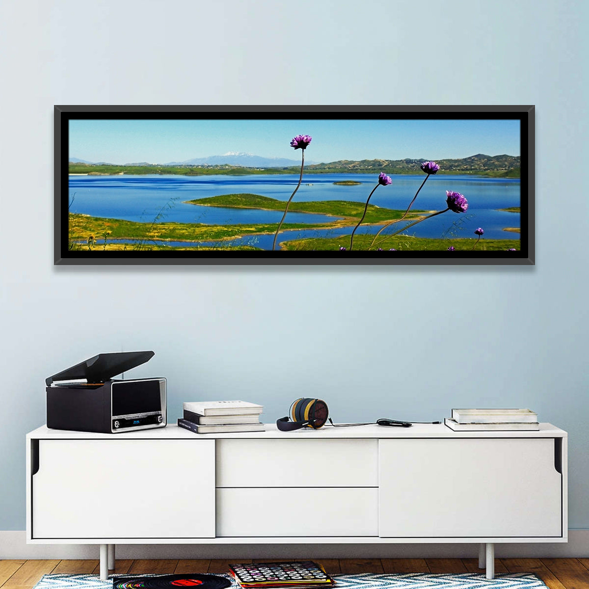 Lake Mathews Wildflower View Wall Art in a room, panoramic