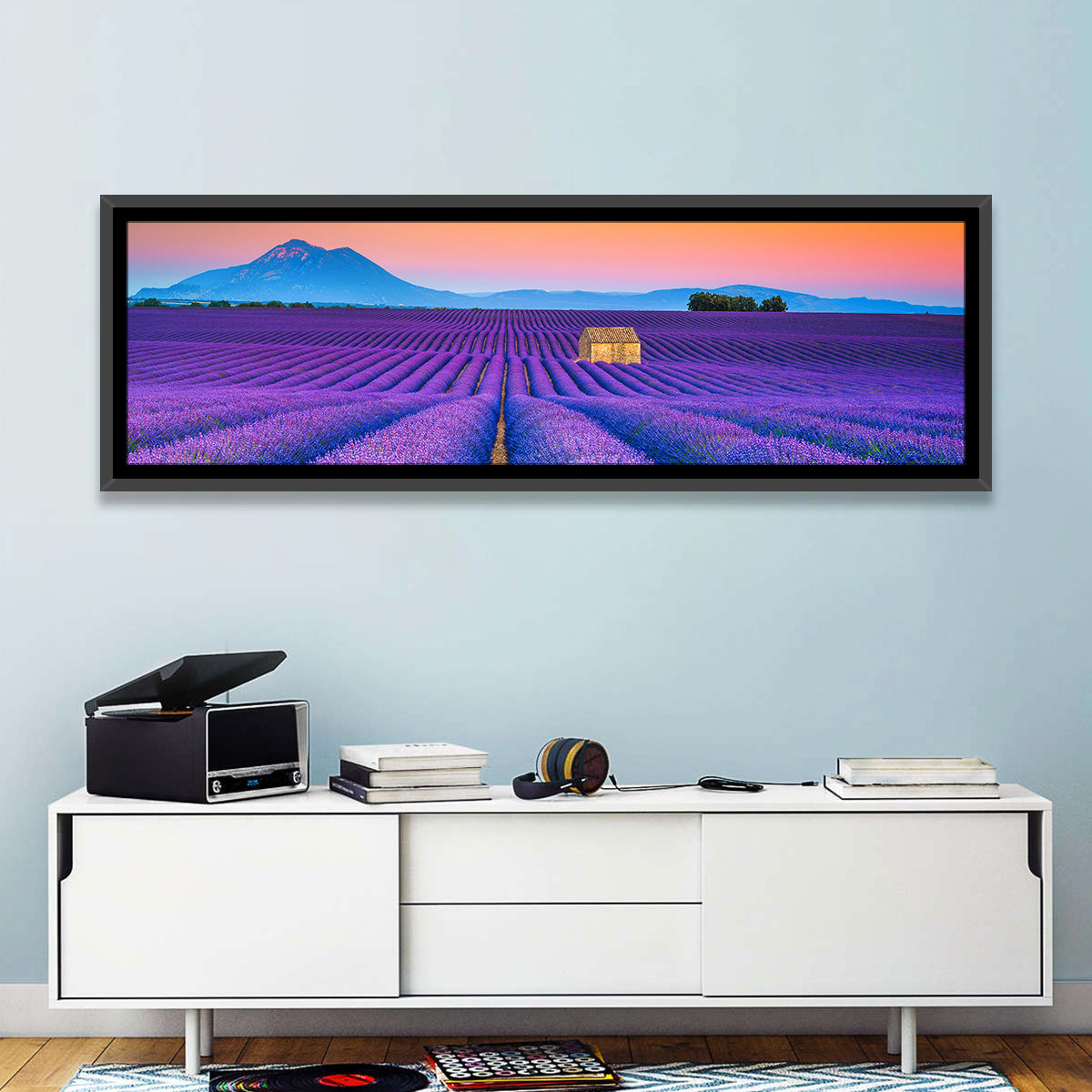 Valensole Lavender Fields at Sunset Wall Art in a room, panoramic