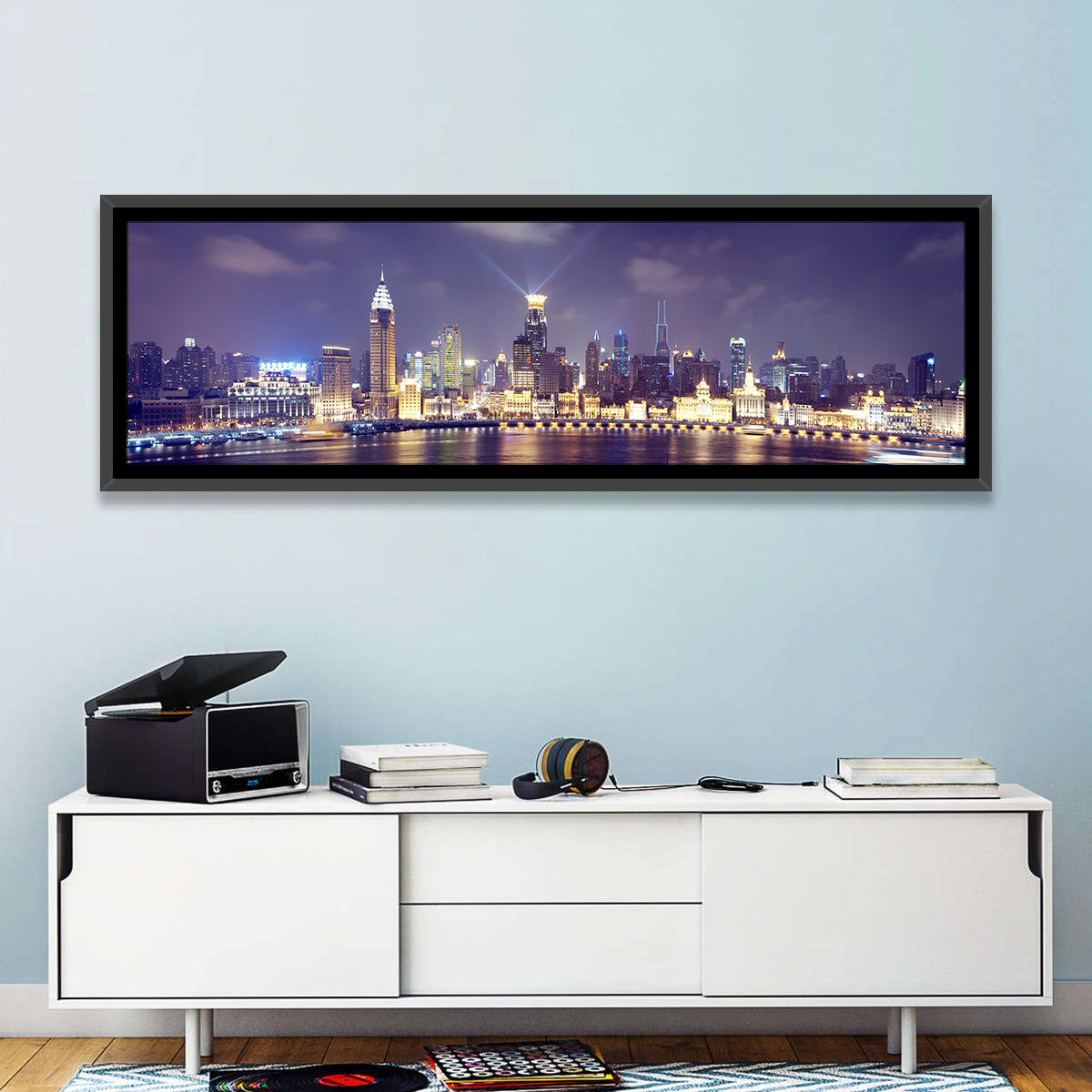 Shanghai Night Skyline Wall Art in a room, panoramic
