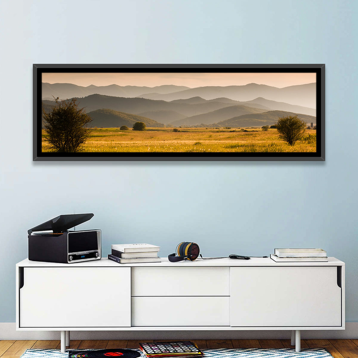Golden Hour Countryside Hills Wall Art in a room, panoramic