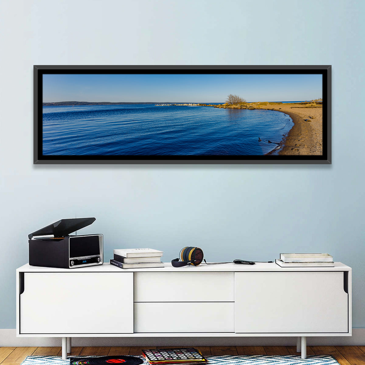 Lake Onega Shoreline Wall Art in a room, panoramic