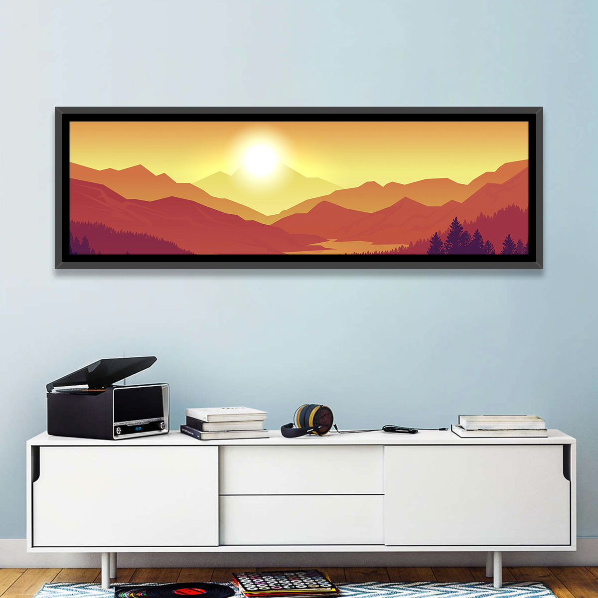 Sunset Pines and Layered Mountains Wall Art in a room, panoramic