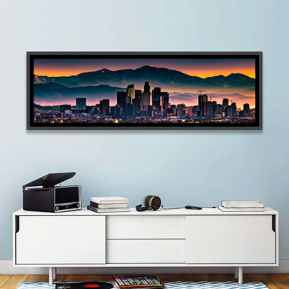 Downtown Los Angeles Skyline Wall Art in a room, panoramic