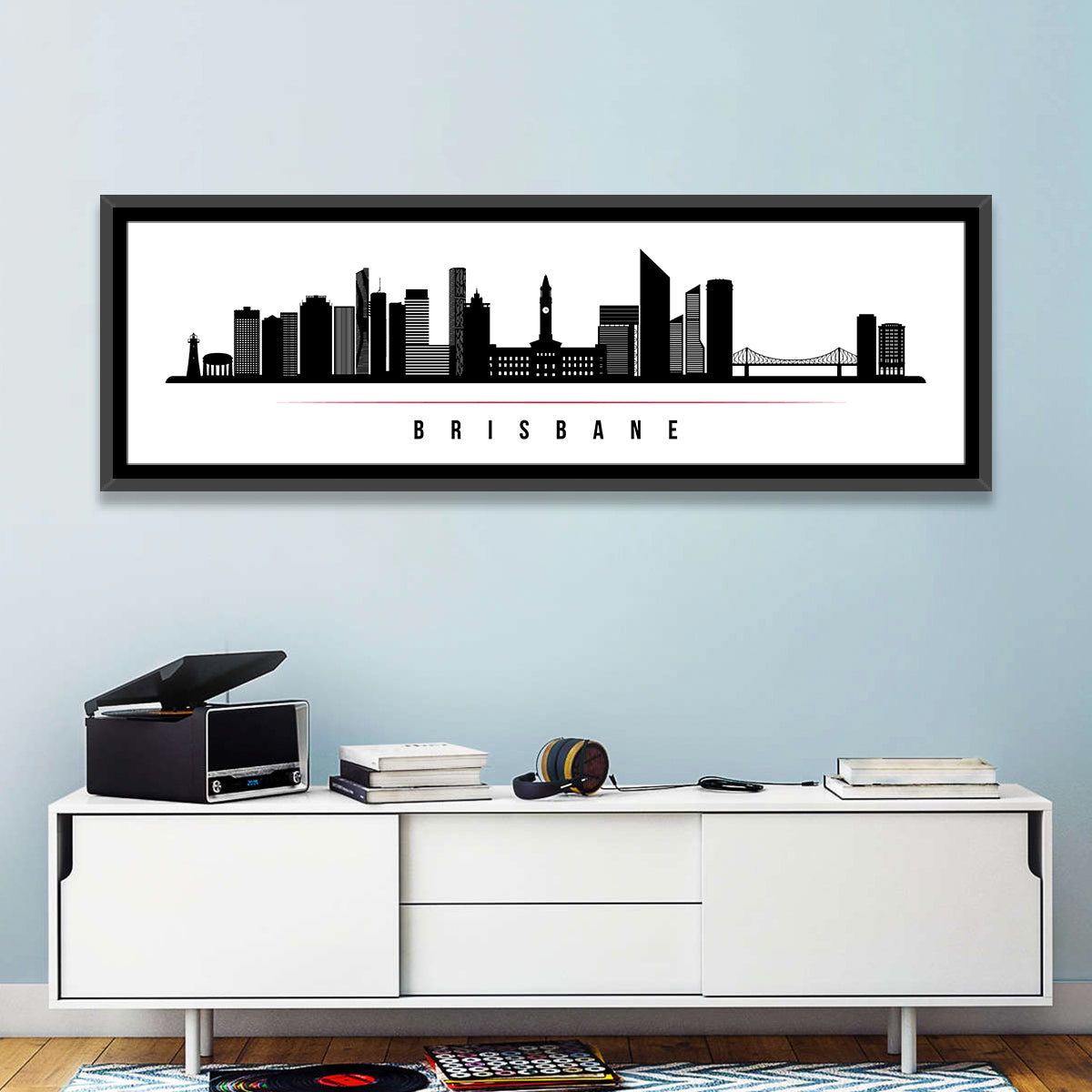 Brisbane City Skyline Wall Art in a room, panoramic