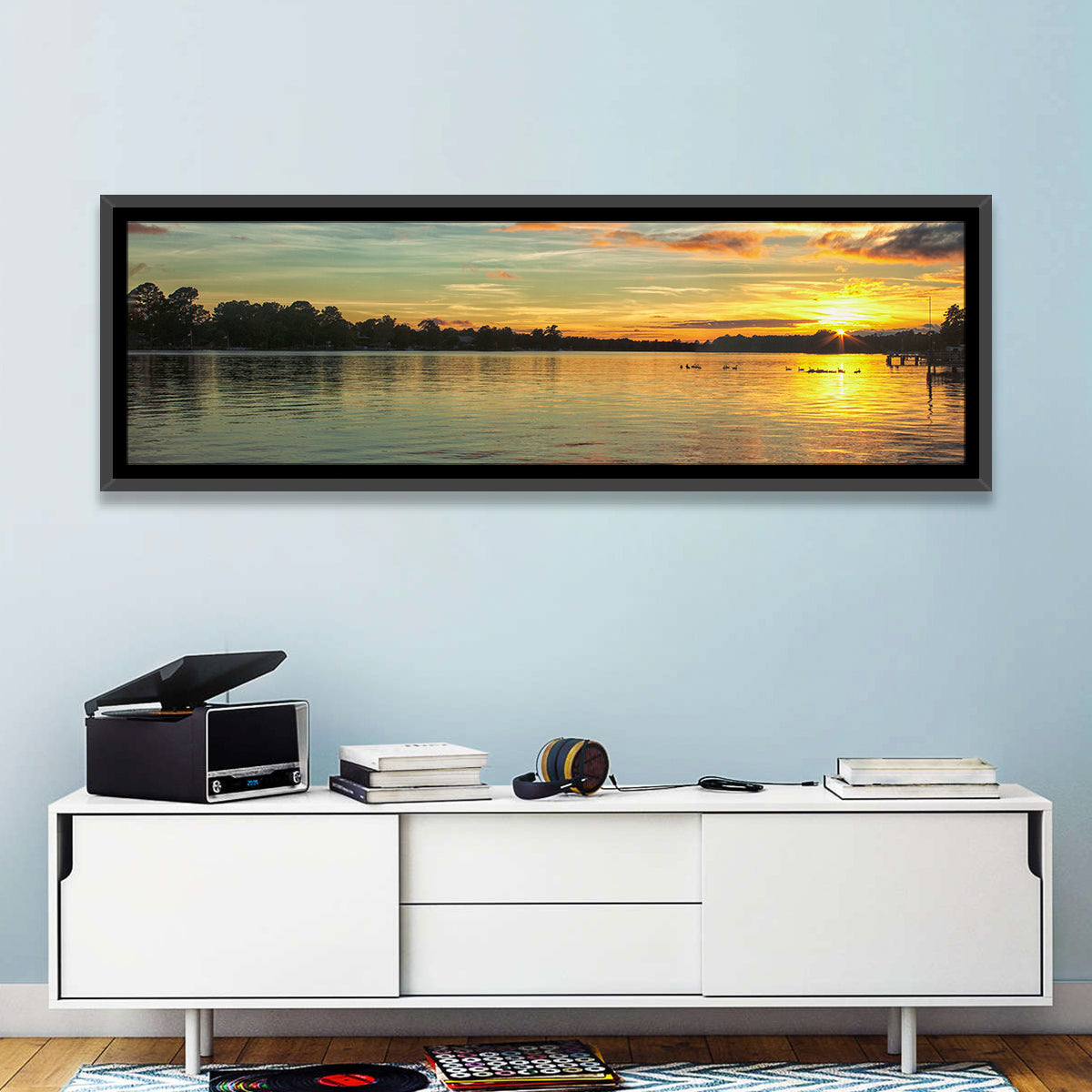 Lake Marion Golden Sunset Wall Art in a room, panoramic