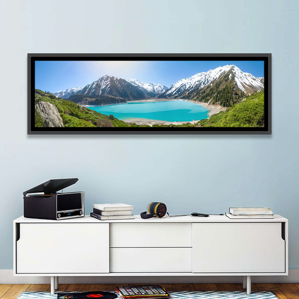 Big Almaty Lake Vista Wall Art in a room, panoramic