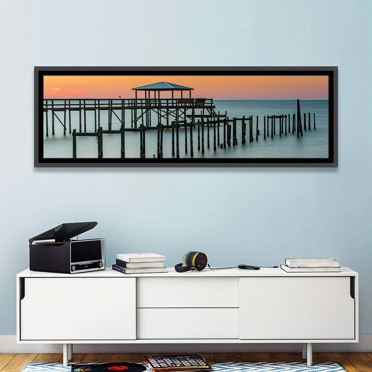 Fairhope Pier at Sunset Wall Art in a room, panoramic