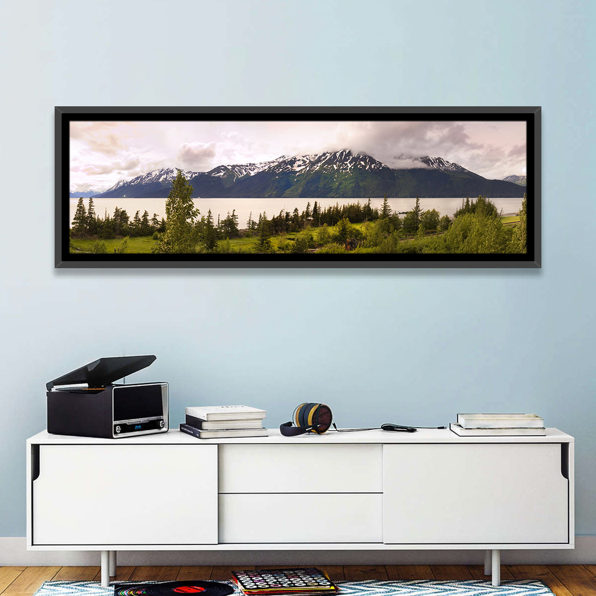 Alaska Mountain Lake View Wall Art in a room, panoramic