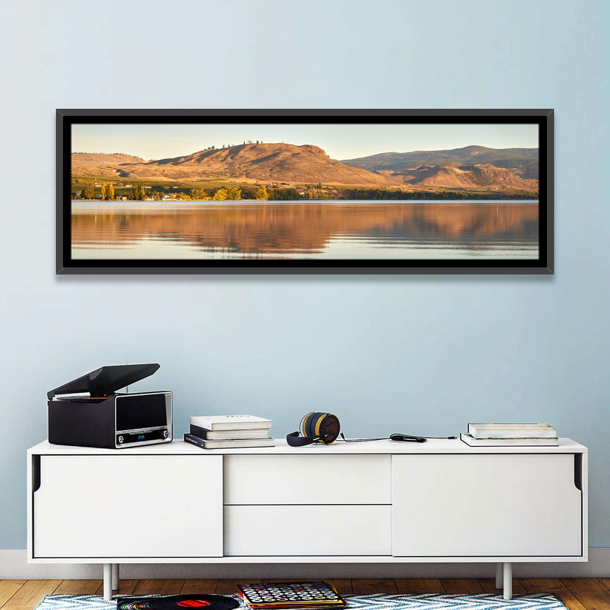 Osoyoos Lake Moonlit Reflection Wall Art in a room, panoramic