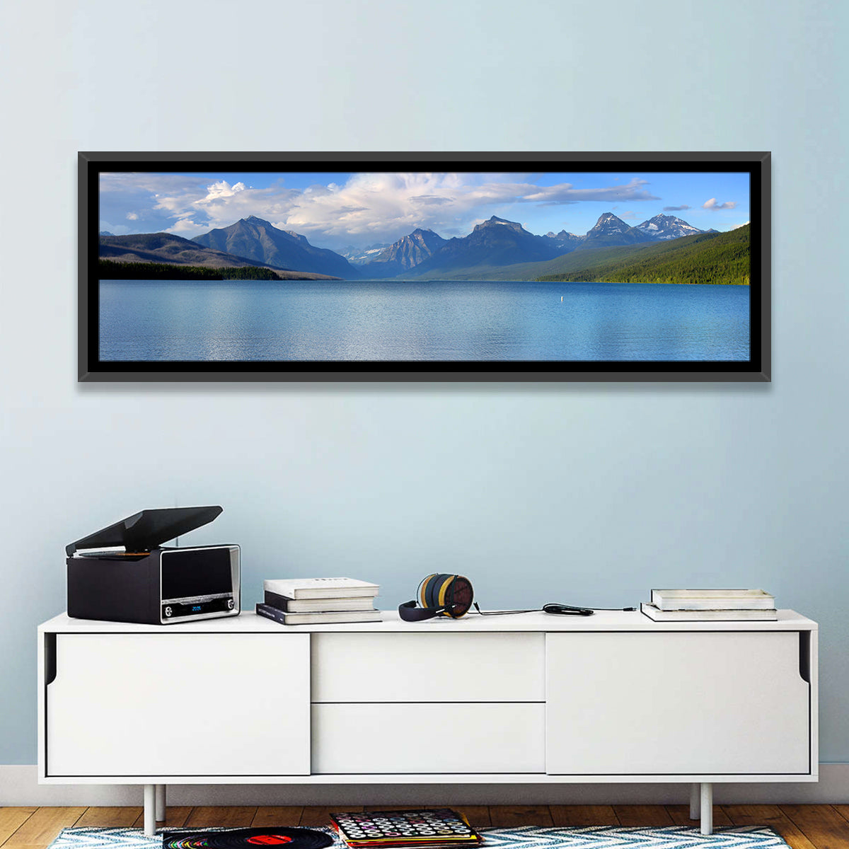 Lake Mcdonald Reflections Wall Art in a room, panoramic