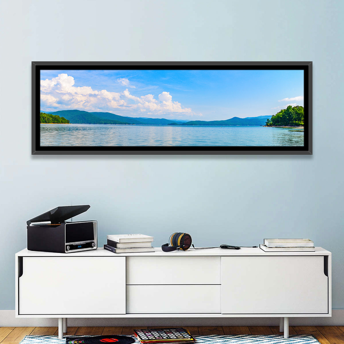 Lake Jocassee Wall Art in a room, panoramic