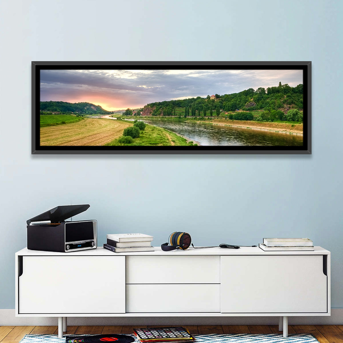 Elbe River at Golden Hour Wall Art in a room, panoramic