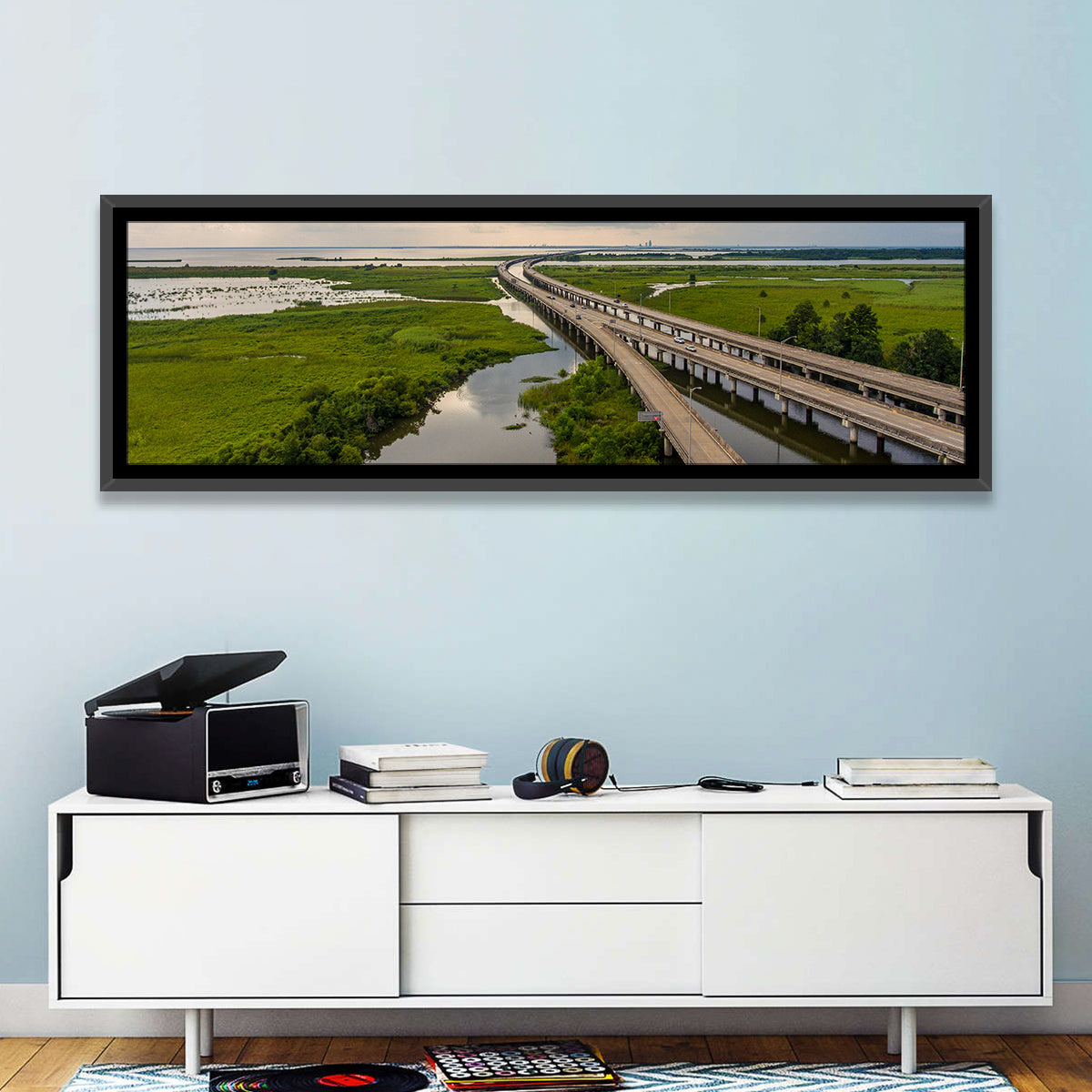 Interstate 10 Bridge Wall Art in a room, panoramic