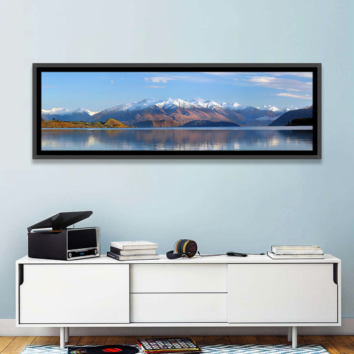 Lake Wanaka Morning Light Wall Art in a room, panoramic