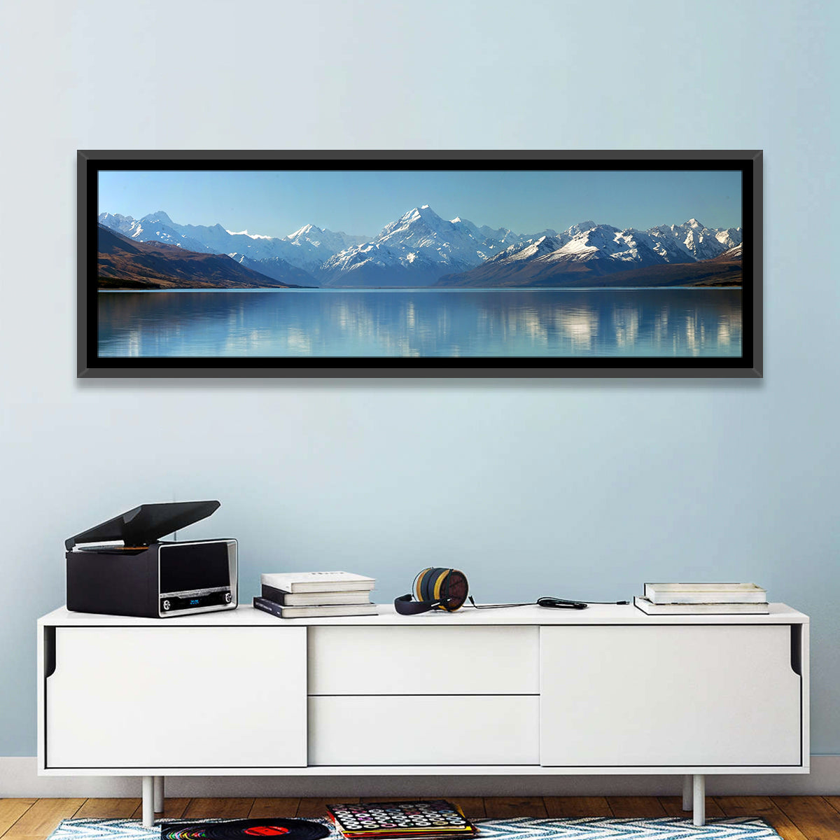 Aoraki Reflection Over Lake Pukaki Wall Art in a room, panoramic