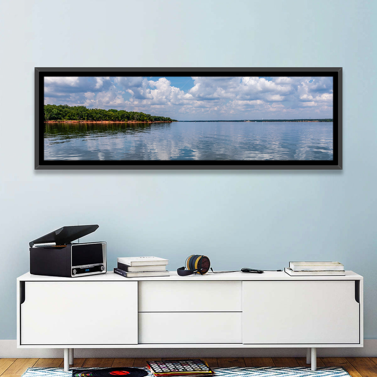 Thunderbird Lake Reflections Wall Art in a room, panoramic