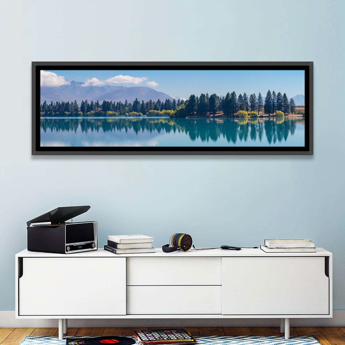 Lake Ruataniwha Reflection Wall Art in a room, panoramic