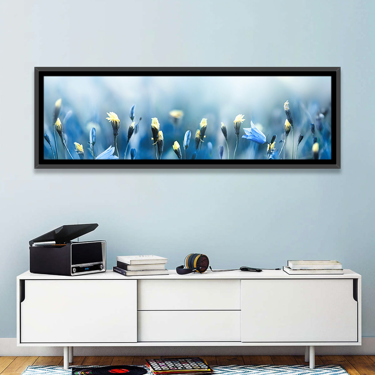 Blue Bellflowers and Yellow Buds Wall Art in a room, panoramic