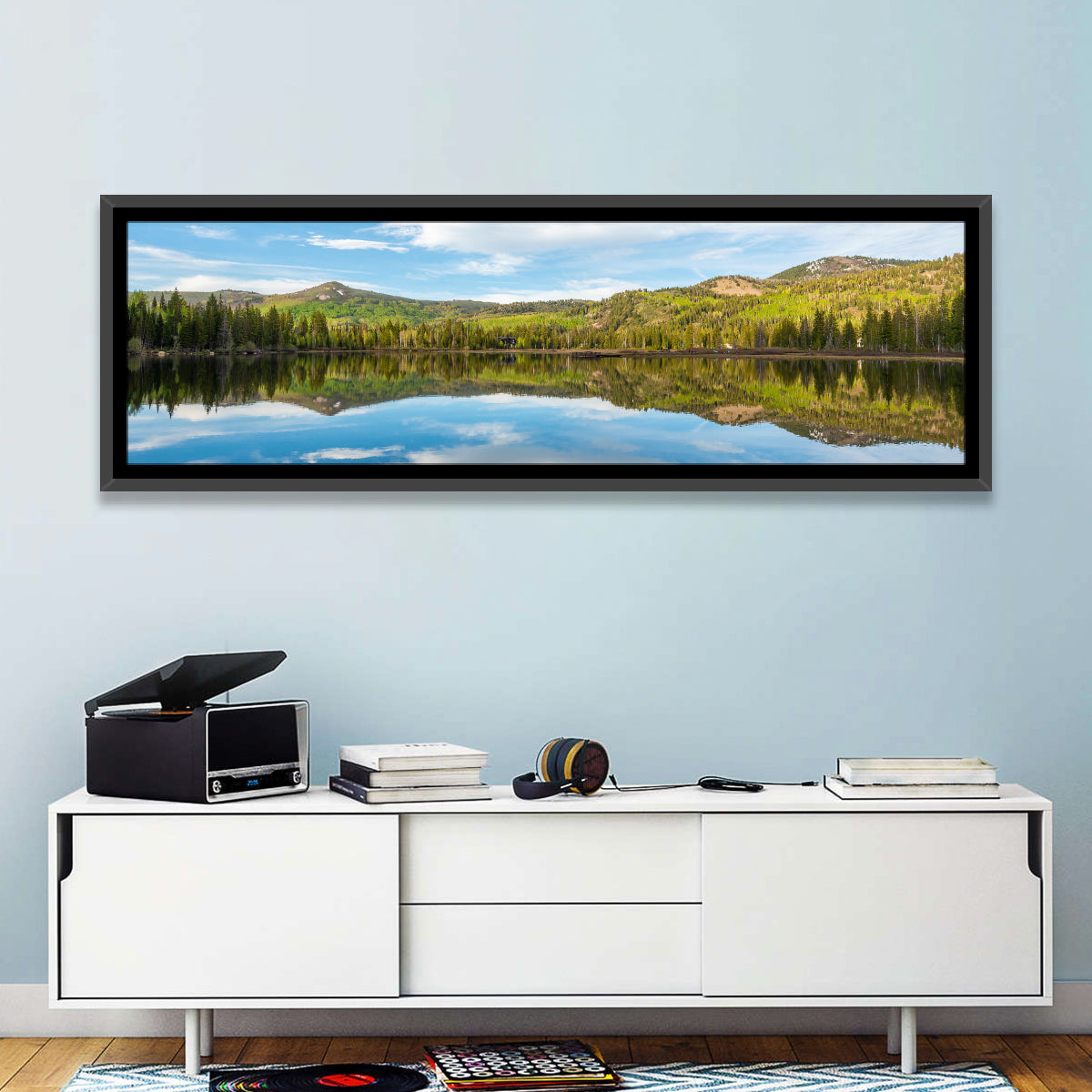 Silver Lake Reflection Wall Art in a room, panoramic