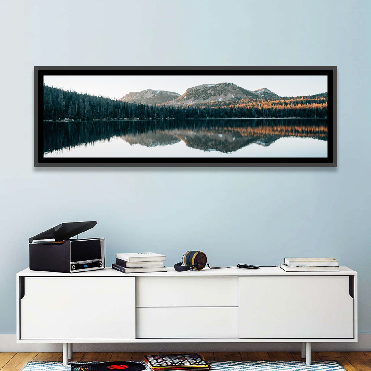 Mirror Lake Utah Reflection Wall Art in a room, panoramic
