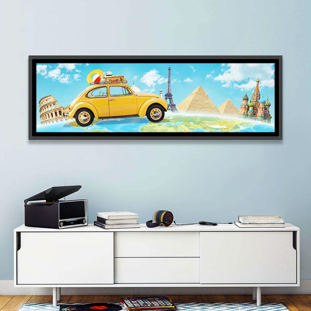 Yellow Beetle World Road Trip Wall Art in a room, panoramic