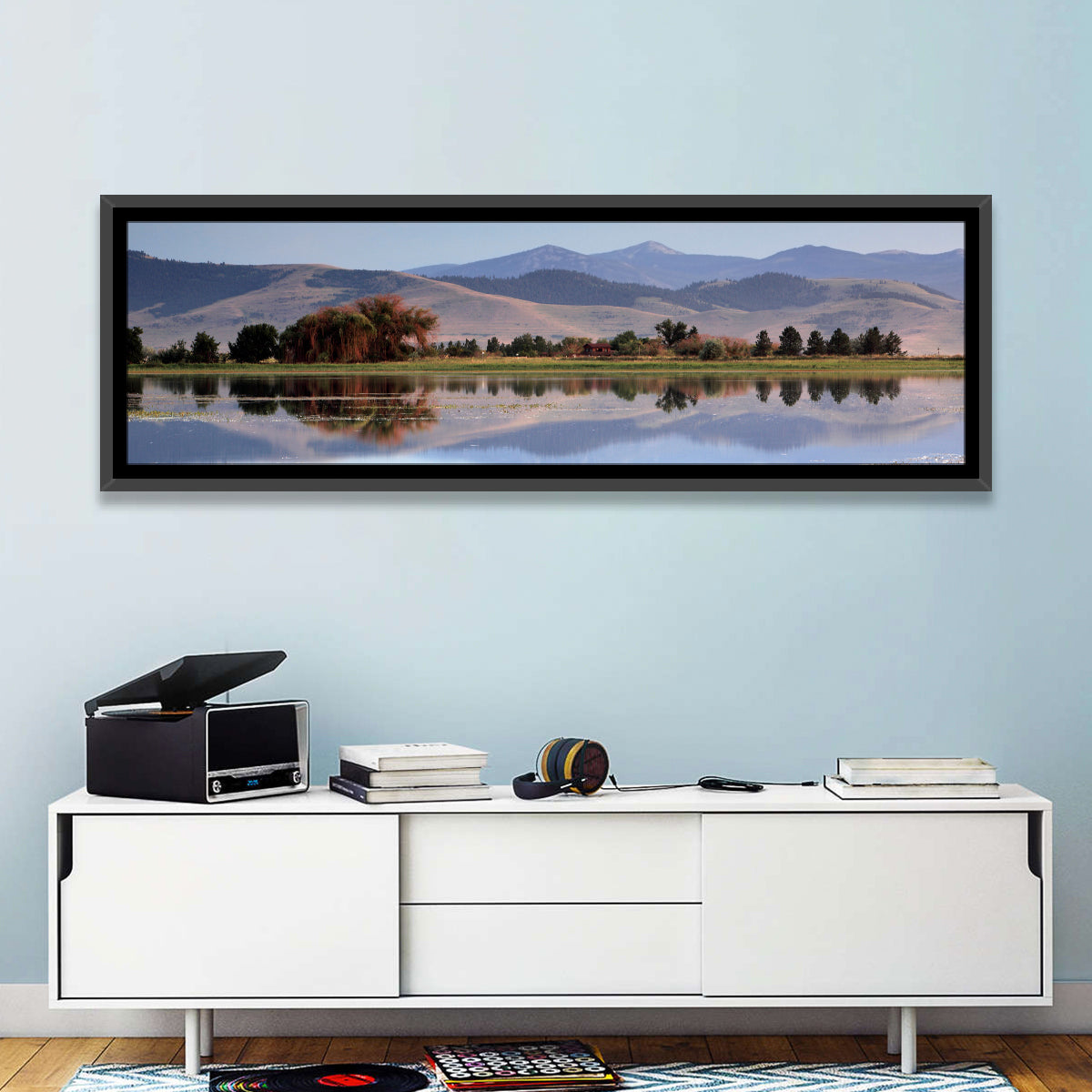 Mission Valley Lake Reflection Wall Art in a room, panoramic