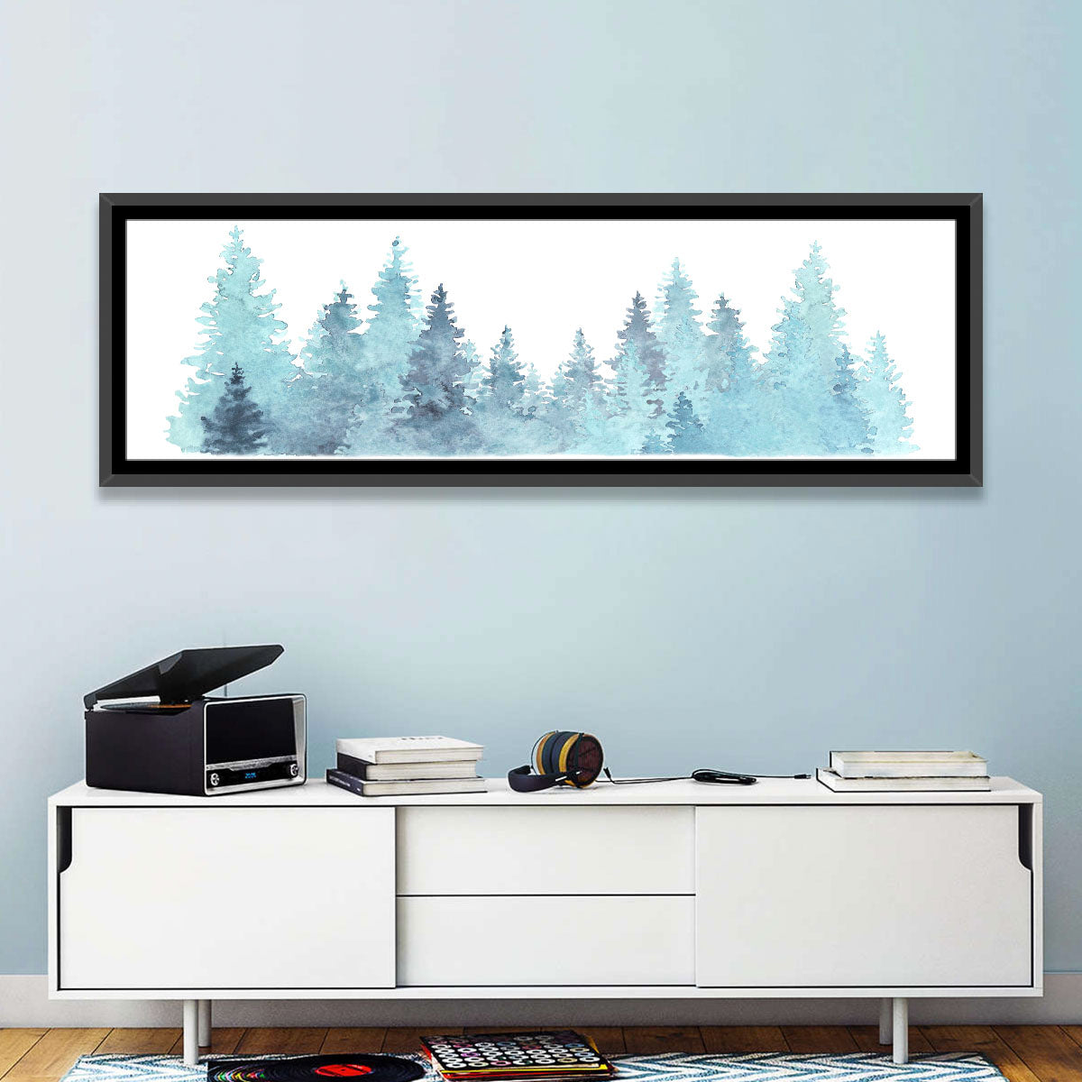 Watercolor Pine Trees Wall Art in a room, panoramic