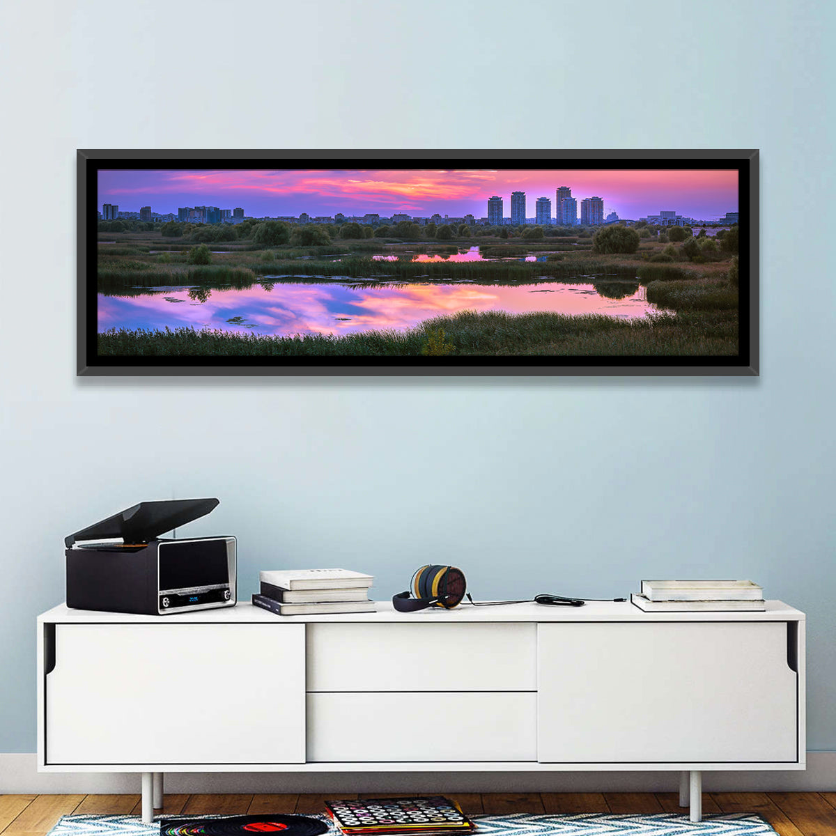 Vacaresti Park Sunset Reflection Wall Art in a room, panoramic