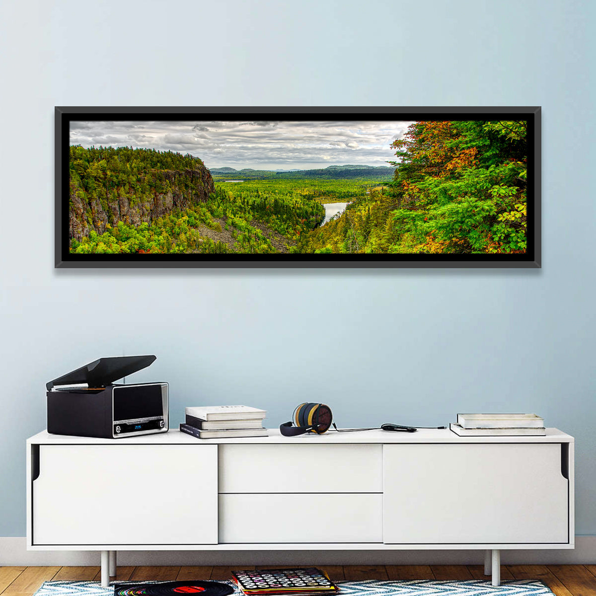Ouimet Canyon Autumn View Wall Art in a room, panoramic