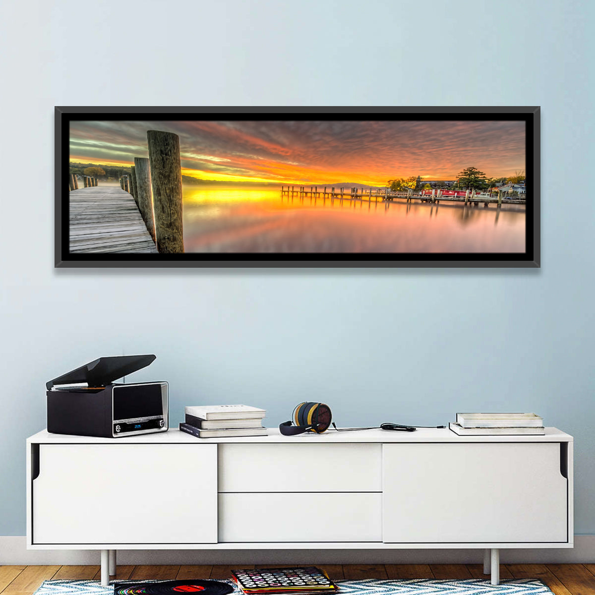 Meredith Bay Pier at Sunrise Wall Art in a room, panoramic