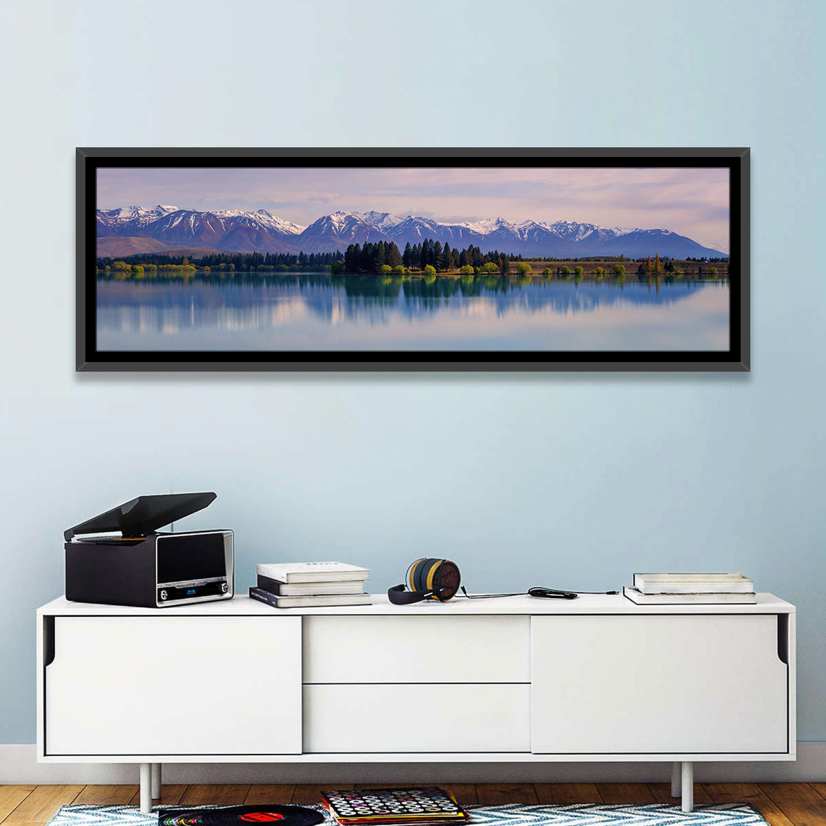 Lake Ruataniwha Reflection Wall Art in a room, panoramic
