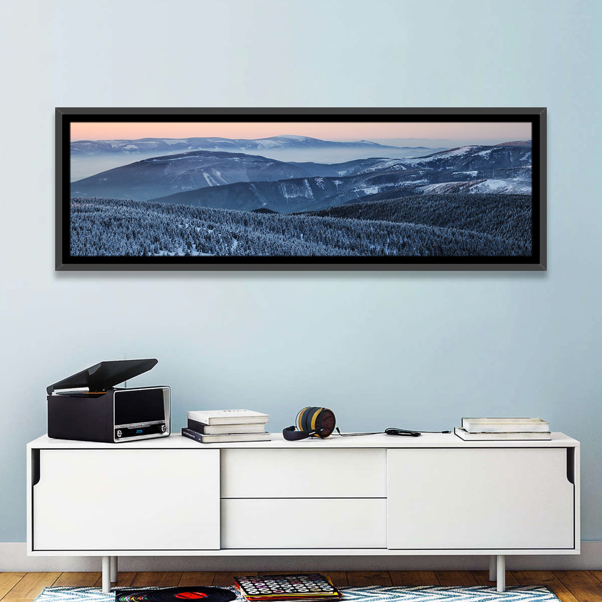 Jeseníky Winter Mist Wall Art in a room, panoramic