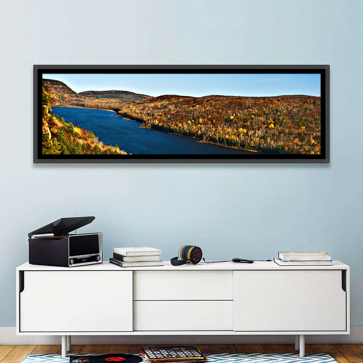 Lake of the Clouds Golden Hour Wall Art in a room, panoramic