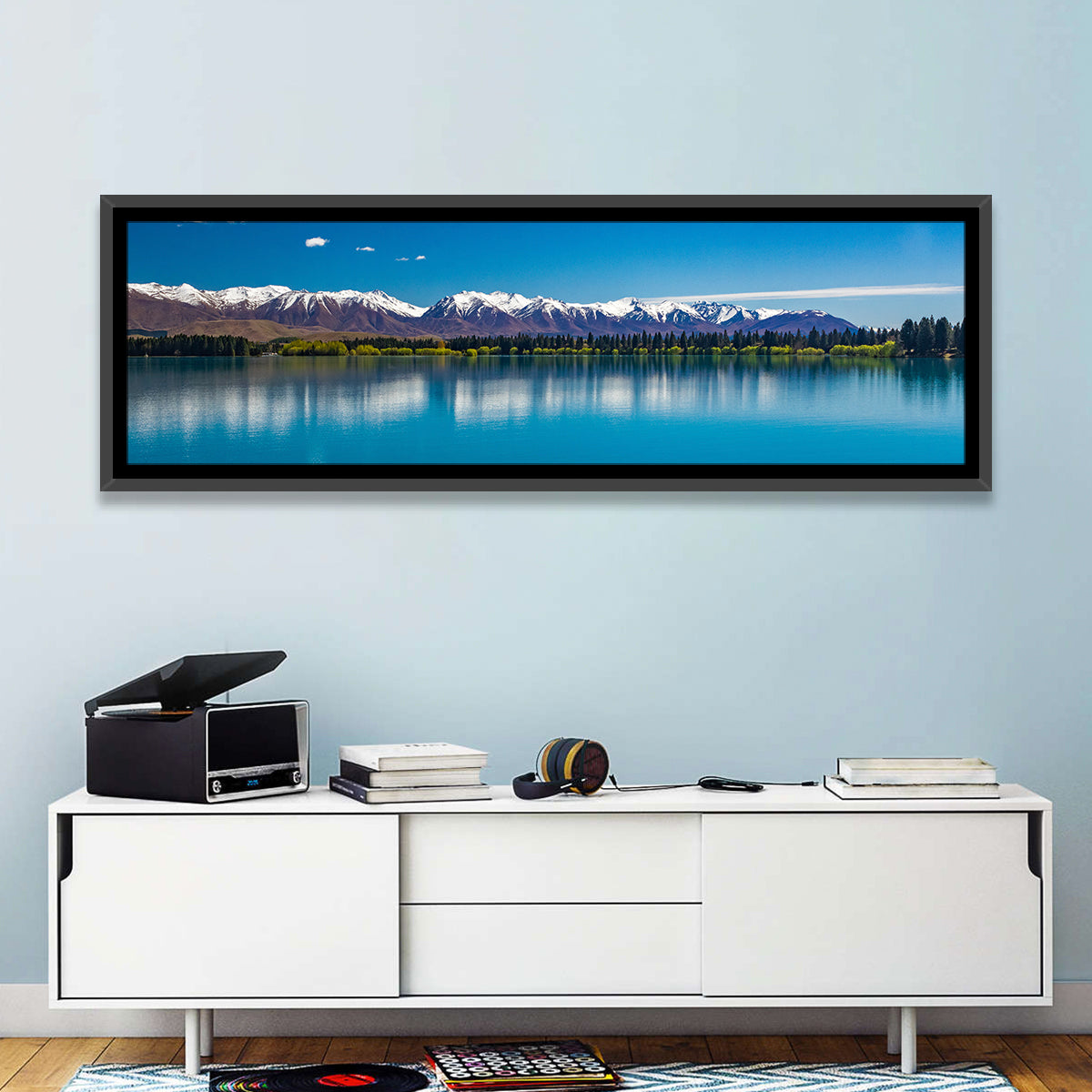 Lake Ruataniwha Reflection Wall Art in a room, panoramic